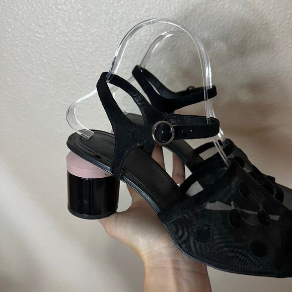 Zara Black Mesh Polka Dot Cylinder Block Colour Heels WOMENS 41 - Picture 4 of 9